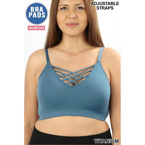1X/2X Titanium Front V Lattice Bralette + bra padding adjustable straps Zenana - Picture 1 of 15